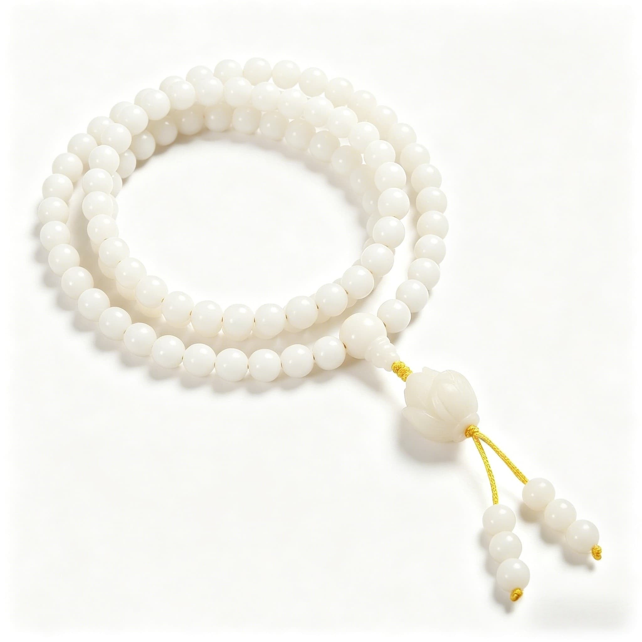 Natural White Jade Bodhi 108 Mala Beads Necklace | Hand-Carved Magnolia Pendant Wrap Bracelet