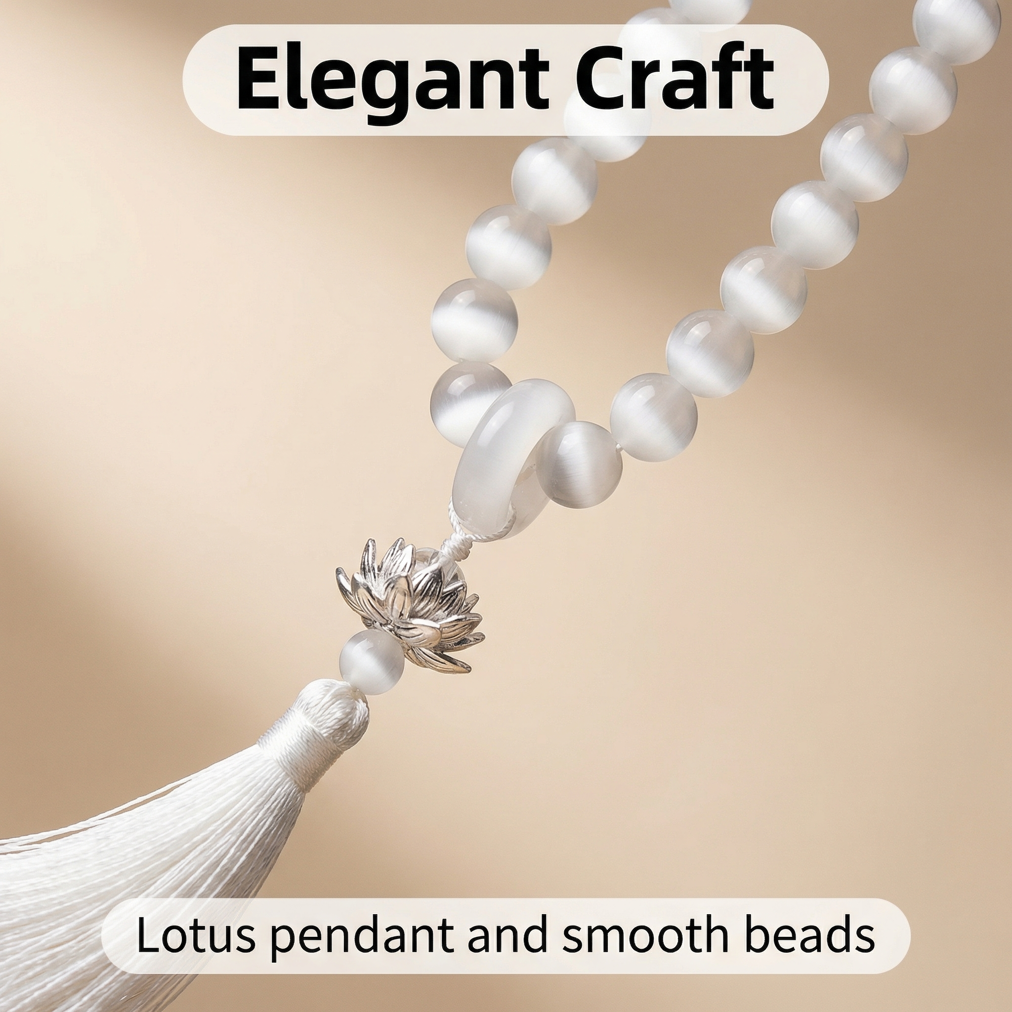 Lotus Serenity | White Cat-Eye Meditation Beads with Silk Tassel & Silver Charm