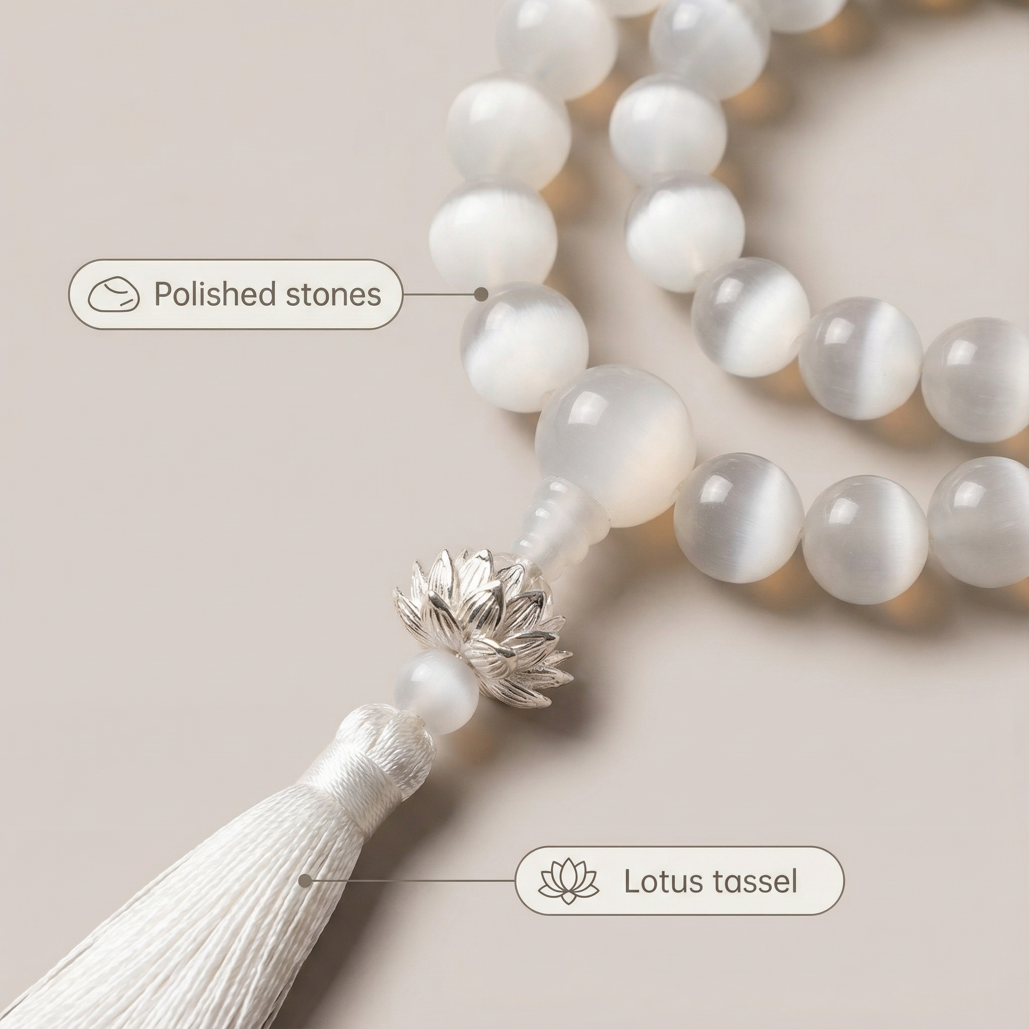 Lotus Serenity | White Cat-Eye Meditation Beads with Silk Tassel & Silver Charm