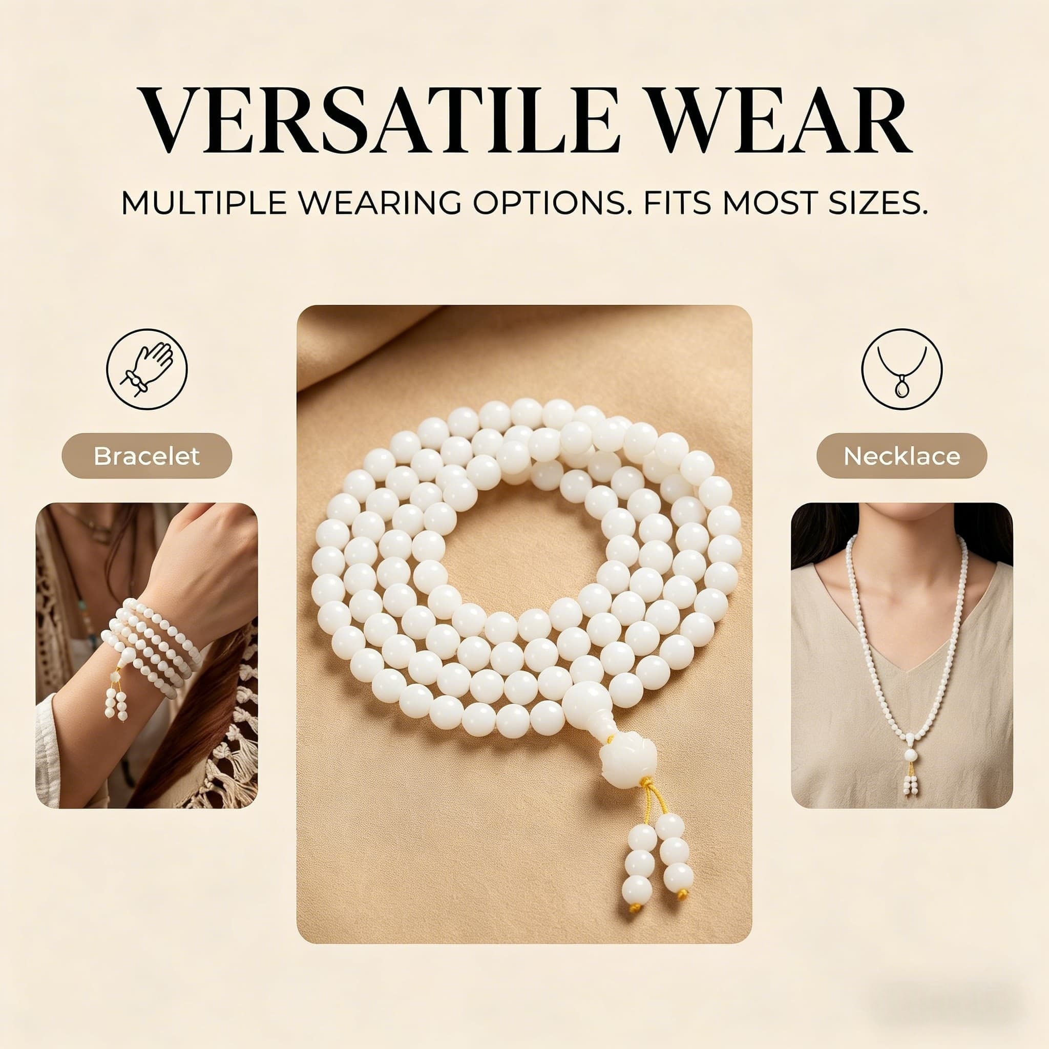 Natural White Jade Bodhi 108 Mala Beads Necklace | Hand-Carved Magnolia Pendant Wrap Bracelet