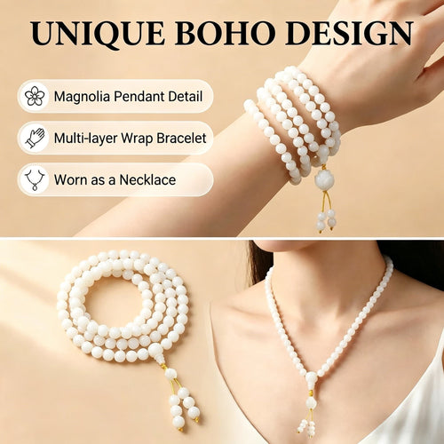 Natural White Jade Bodhi 108 Mala Beads Necklace | Hand-Carved Magnolia Pendant Wrap Bracelet