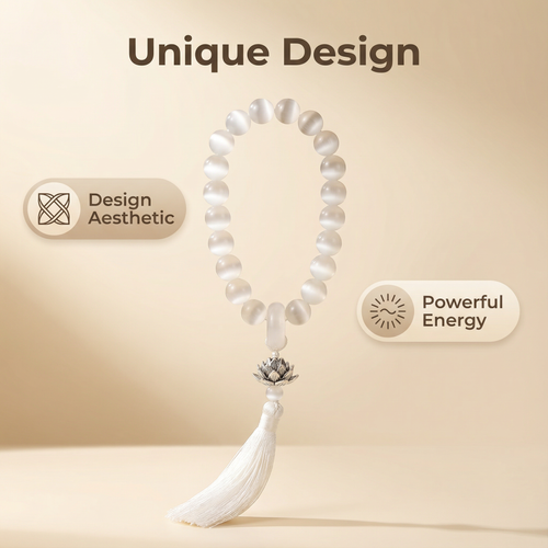 Lotus Serenity | White Cat-Eye Meditation Beads with Silk Tassel & Silver Charm
