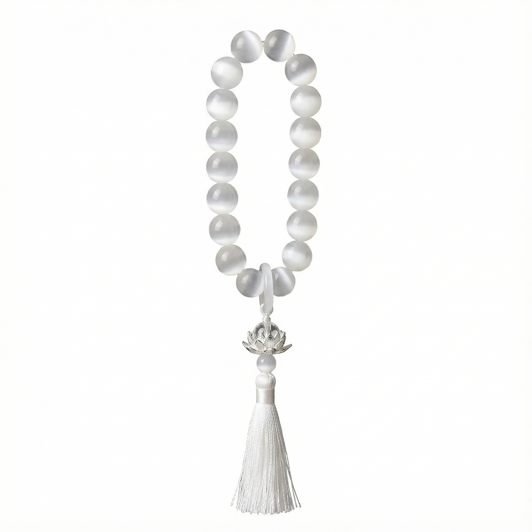 Lotus Serenity | White Cat-Eye Meditation Beads with Silk Tassel & Silver Charm