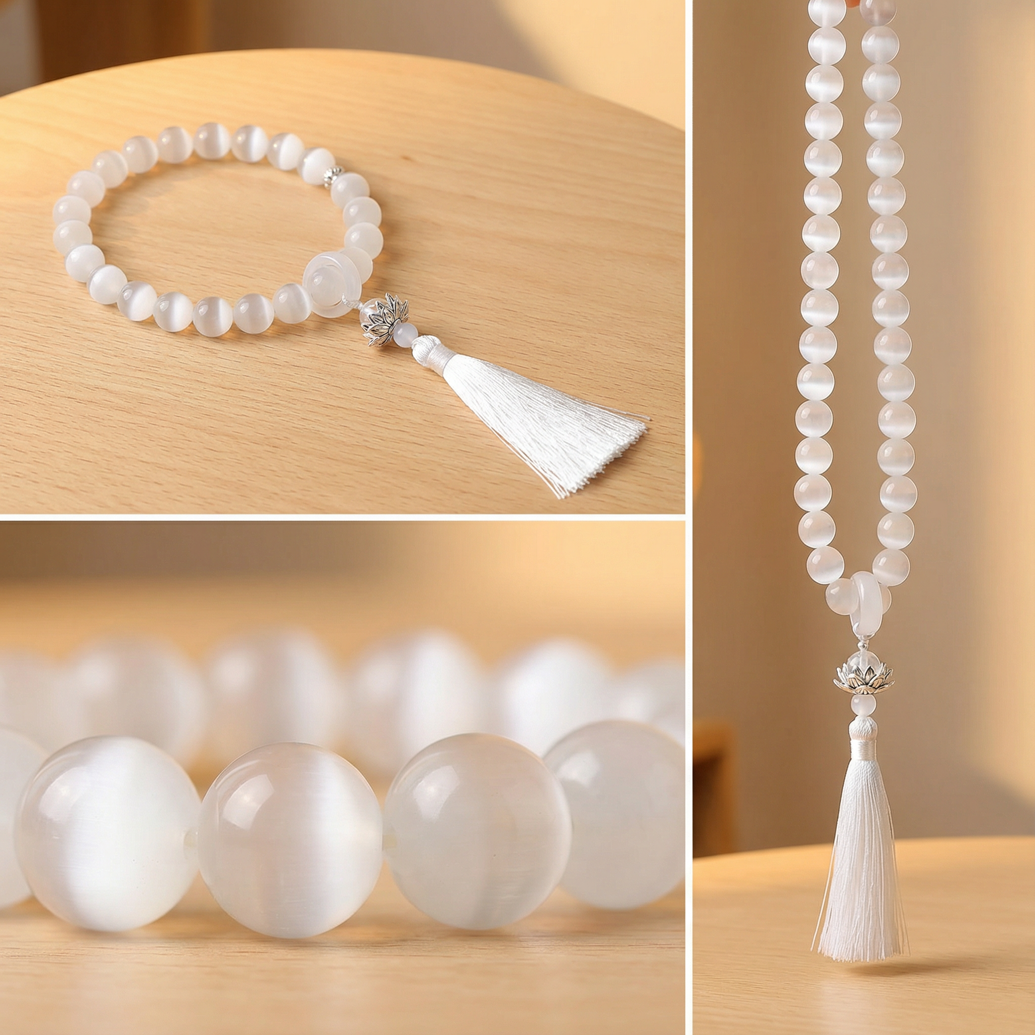 Lotus Serenity | White Cat-Eye Meditation Beads with Silk Tassel & Silver Charm
